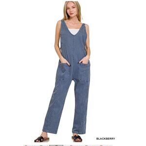 Zenana - Denim Overalls with Adjustable Strap Jumpsuit (Blackberry) - LARGE